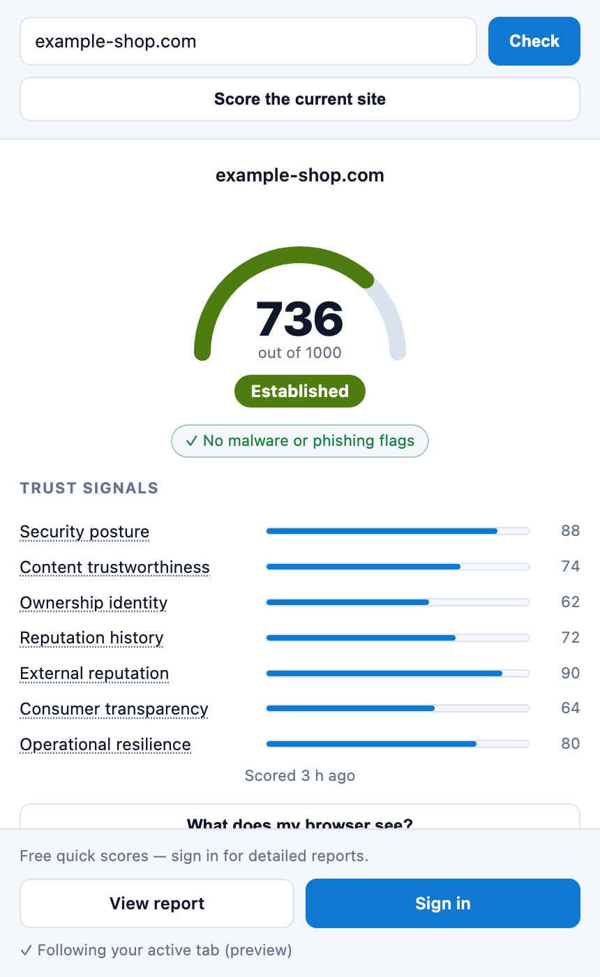 The WebTrustScore side panel showing a website’s trust score and its signal breakdown.